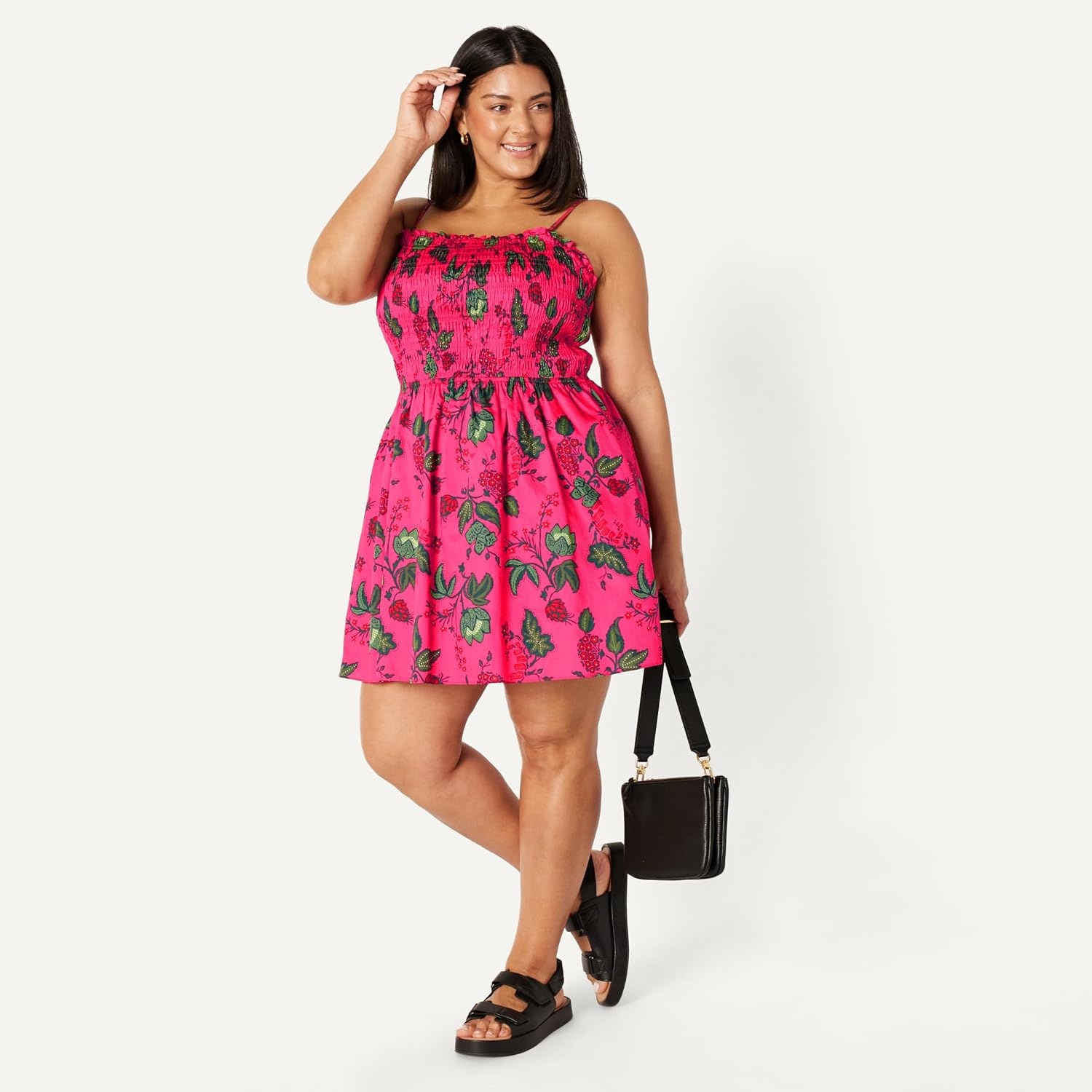 image:imageAmazon Essentials Womens RegularFit Cotton Sateen Smocked Bodice Midi Dress with Removable Straps Aline RuffleHot Pink Red Leafy Floral