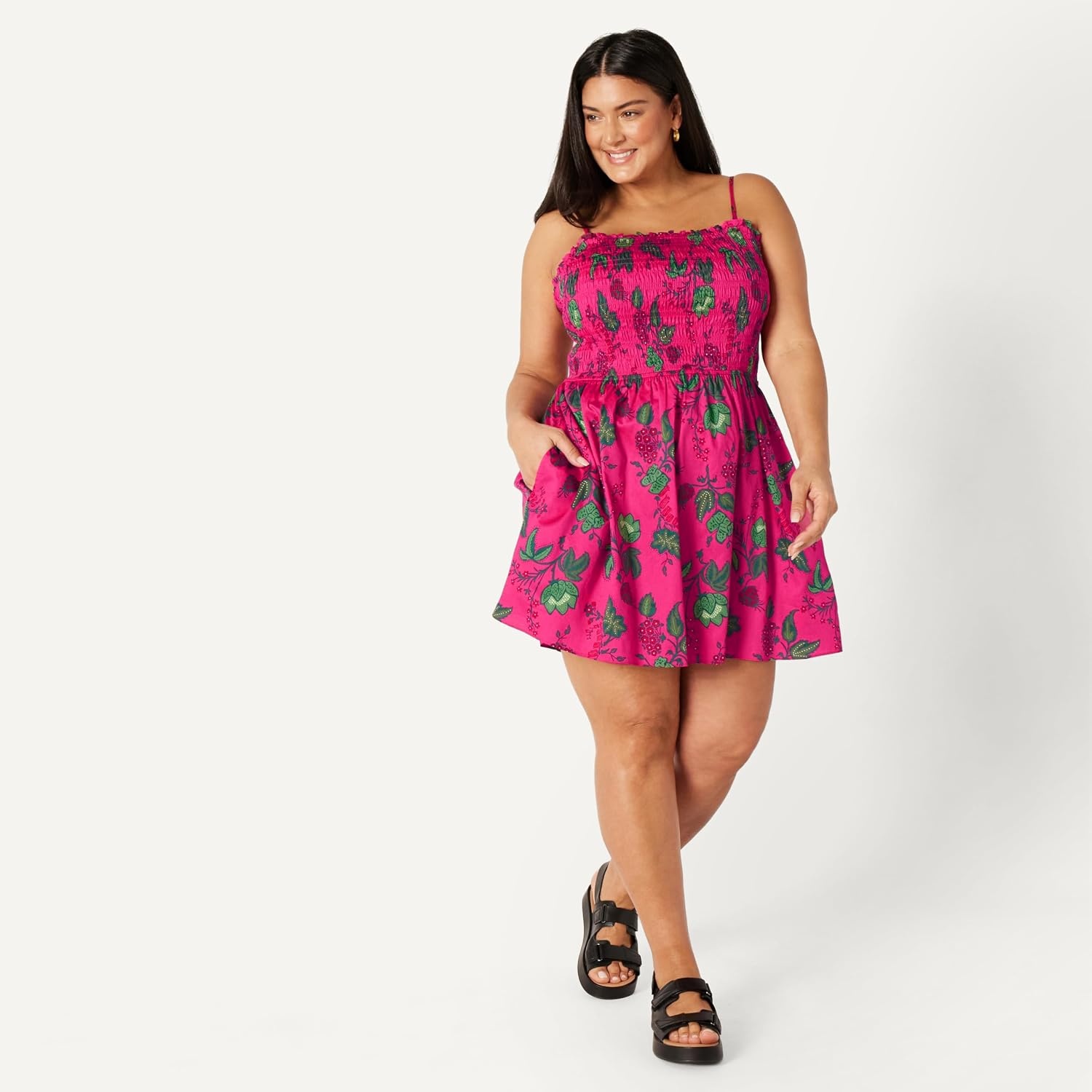 image:imageAmazon Essentials Womens RegularFit Cotton Sateen Smocked Bodice Midi Dress with Removable Straps Aline RuffleHot Pink Red Leafy Floral
