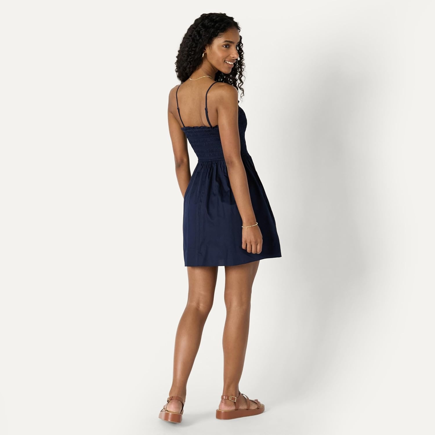 image:imageAmazon Essentials Womens RegularFit Cotton Sateen Smocked Bodice Midi Dress with Removable Straps Aline RuffleNavy