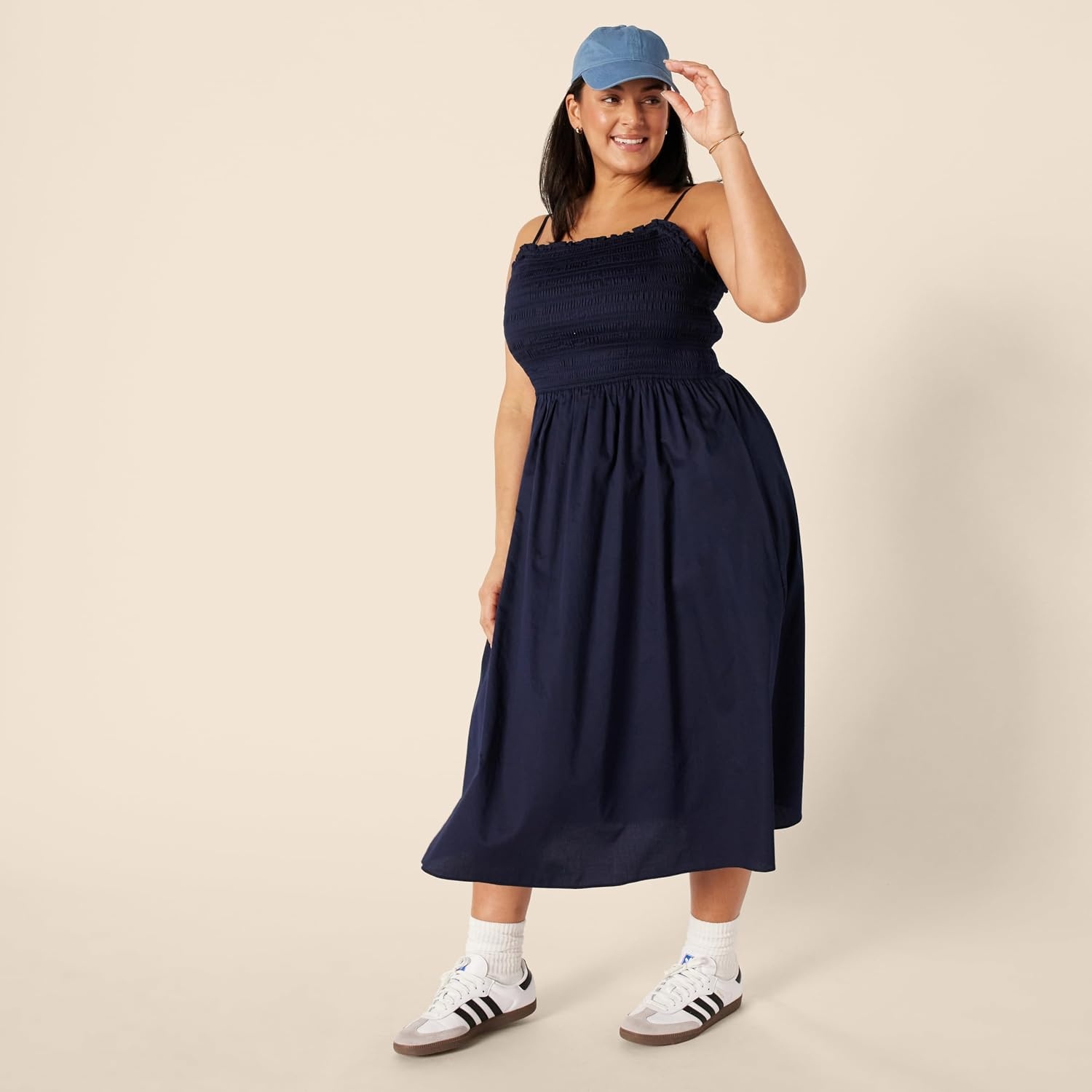 image:imageAmazon Essentials Womens RegularFit Cotton Sateen Smocked Bodice Midi Dress with Removable Straps Aline RuffleNavy