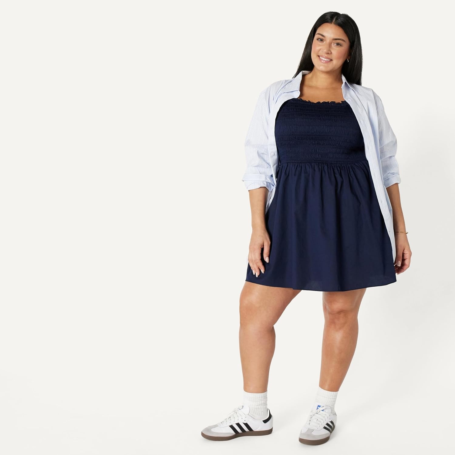 image:imageAmazon Essentials Womens RegularFit Cotton Sateen Smocked Bodice Midi Dress with Removable Straps Aline RuffleNavy