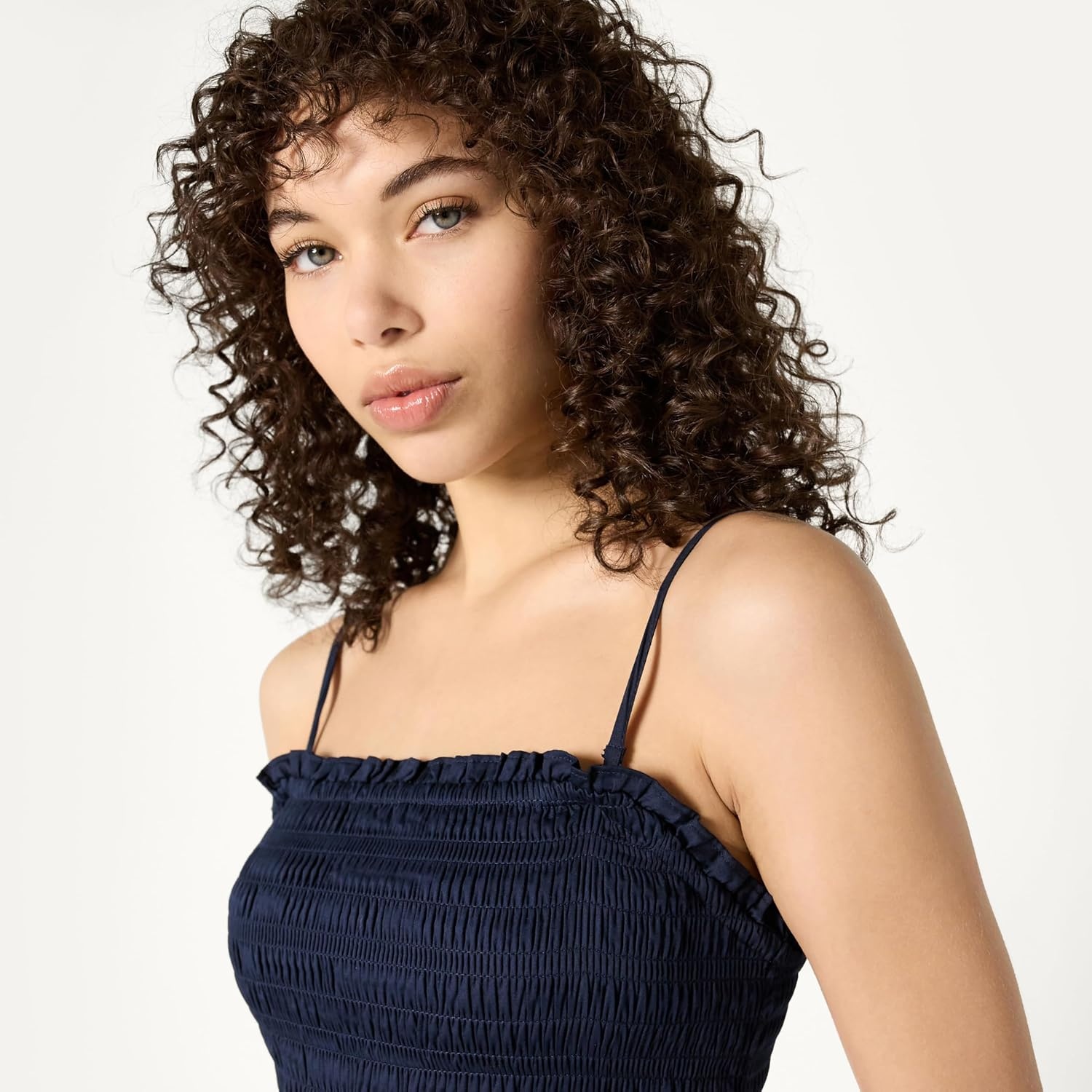 image:imageAmazon Essentials Womens RegularFit Cotton Sateen Smocked Bodice Midi Dress with Removable Straps Aline RuffleNavy
