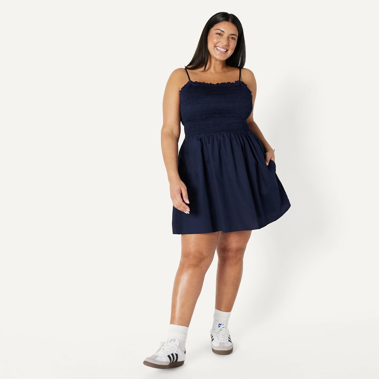 image:imageAmazon Essentials Womens RegularFit Cotton Sateen Smocked Bodice Midi Dress with Removable Straps Aline RuffleNavy