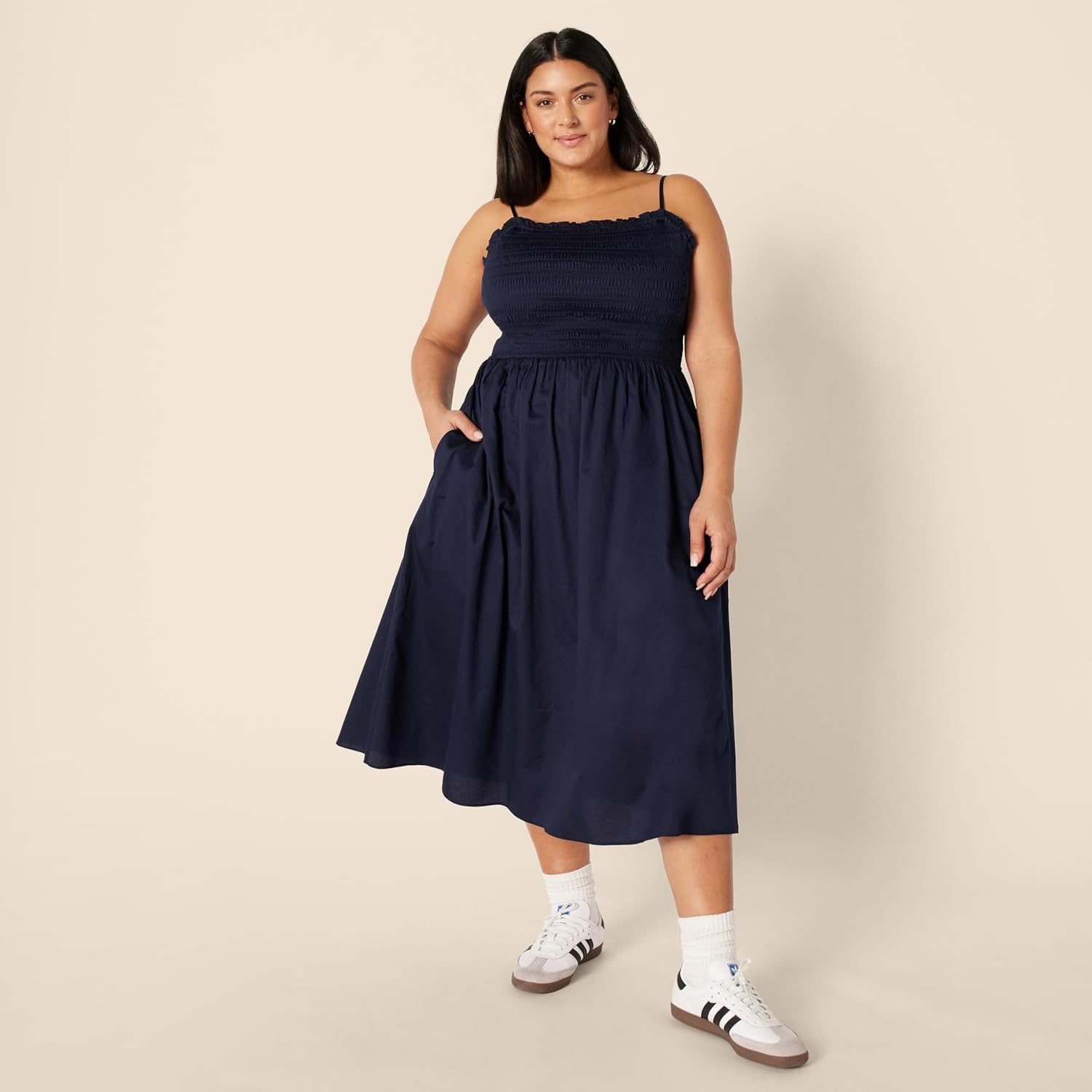 image:imageAmazon Essentials Womens RegularFit Cotton Sateen Smocked Bodice Midi Dress with Removable Straps Aline RuffleNavy