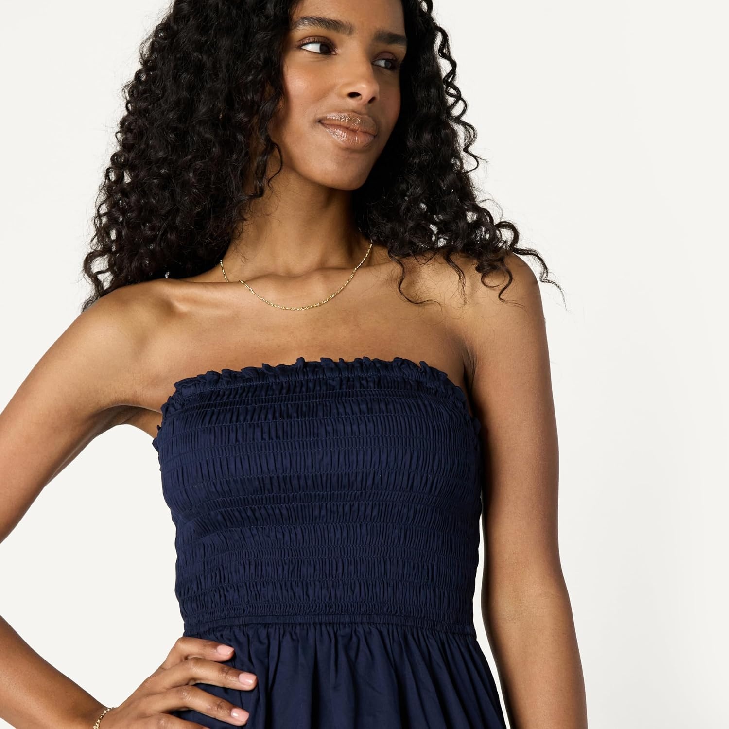 image:imageAmazon Essentials Womens RegularFit Cotton Sateen Smocked Bodice Midi Dress with Removable Straps Aline RuffleNavy