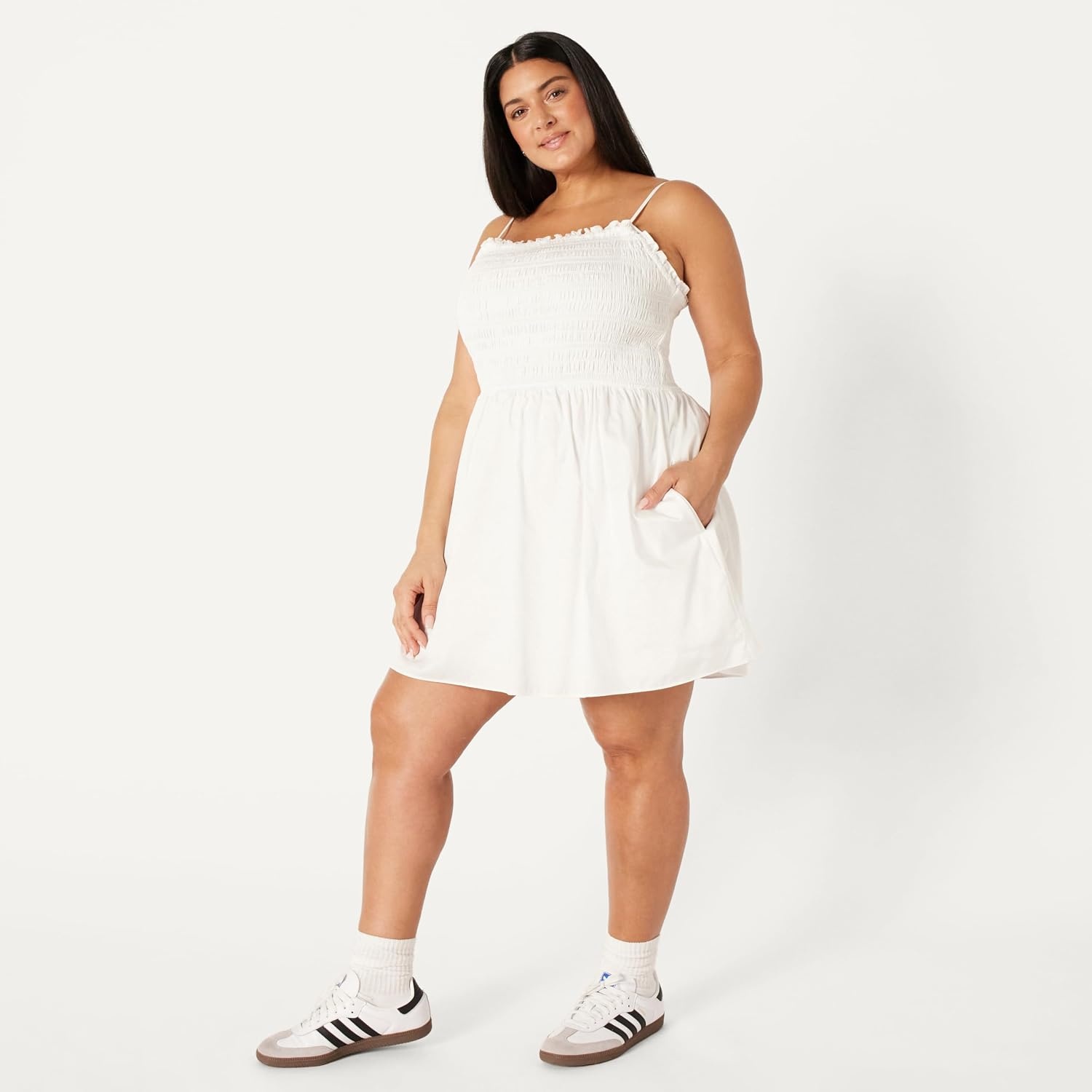 image:imageAmazon Essentials Womens RegularFit Cotton Sateen Smocked Bodice Midi Dress with Removable Straps Aline RuffleWhite