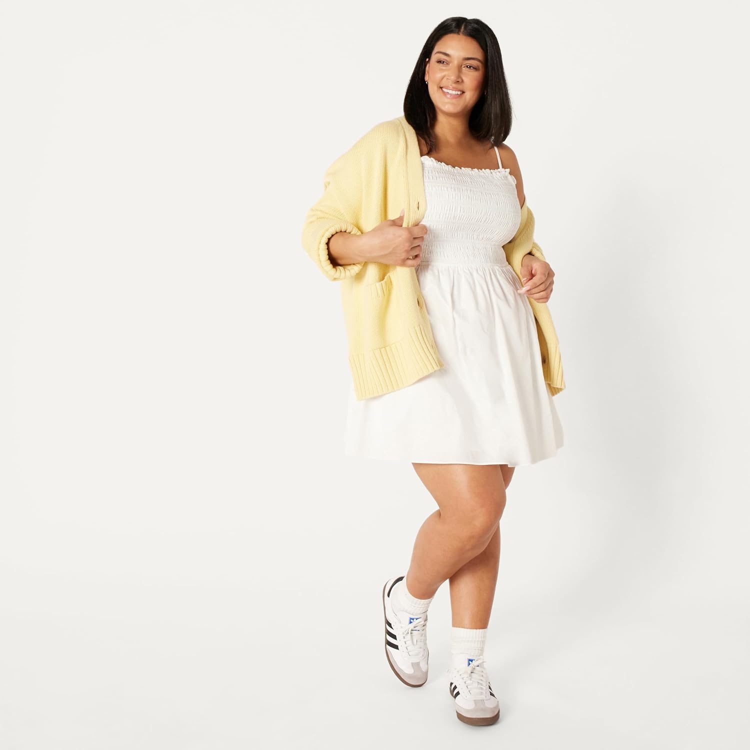 image:imageAmazon Essentials Womens RegularFit Cotton Sateen Smocked Bodice Midi Dress with Removable Straps Aline RuffleWhite