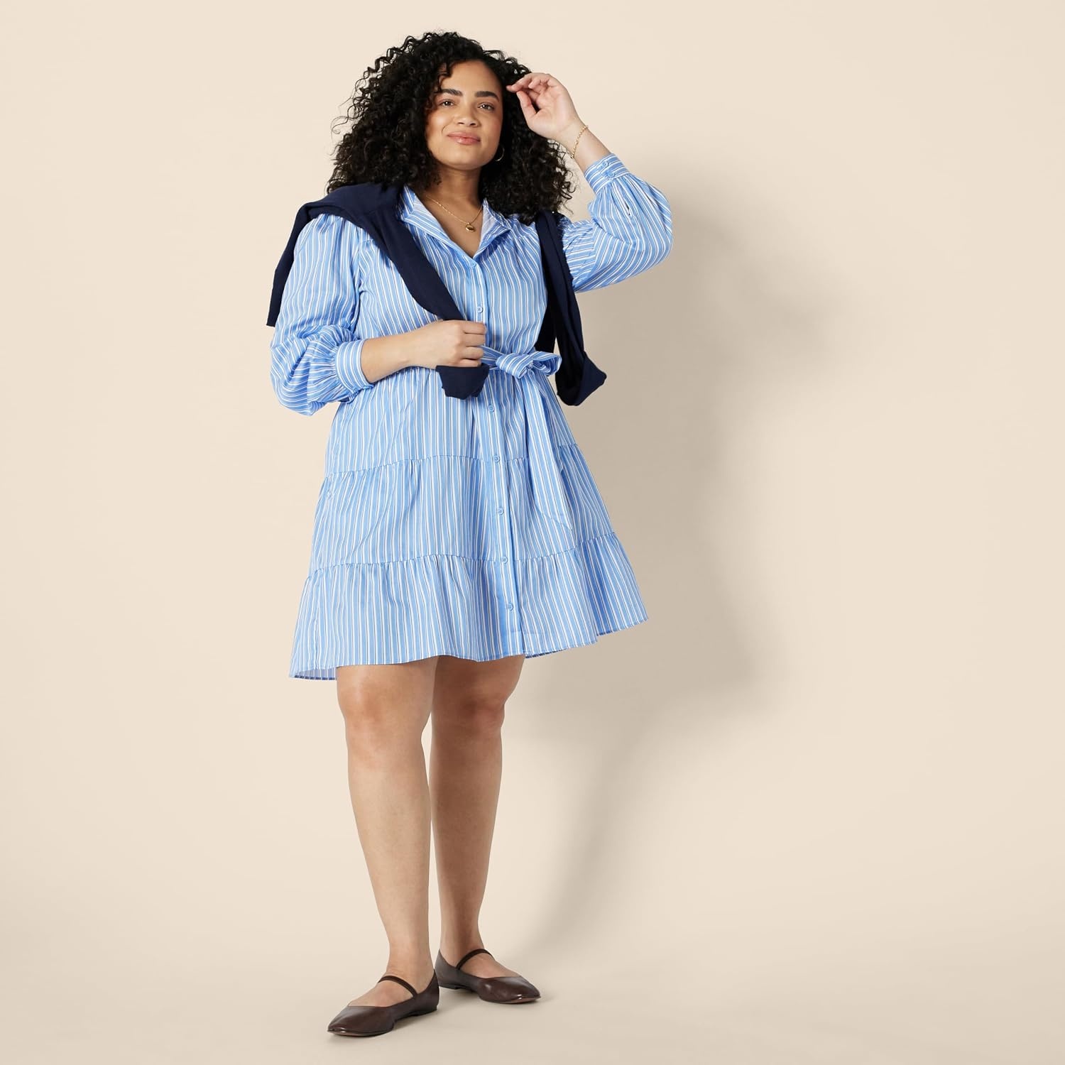 image:imageAmazon Essentials Womens RegularFit Cotton Sateen Tiered Shirt Dress with Puff Shoulder Sleeves Collar Band ButtonFrontBlue White Stripe