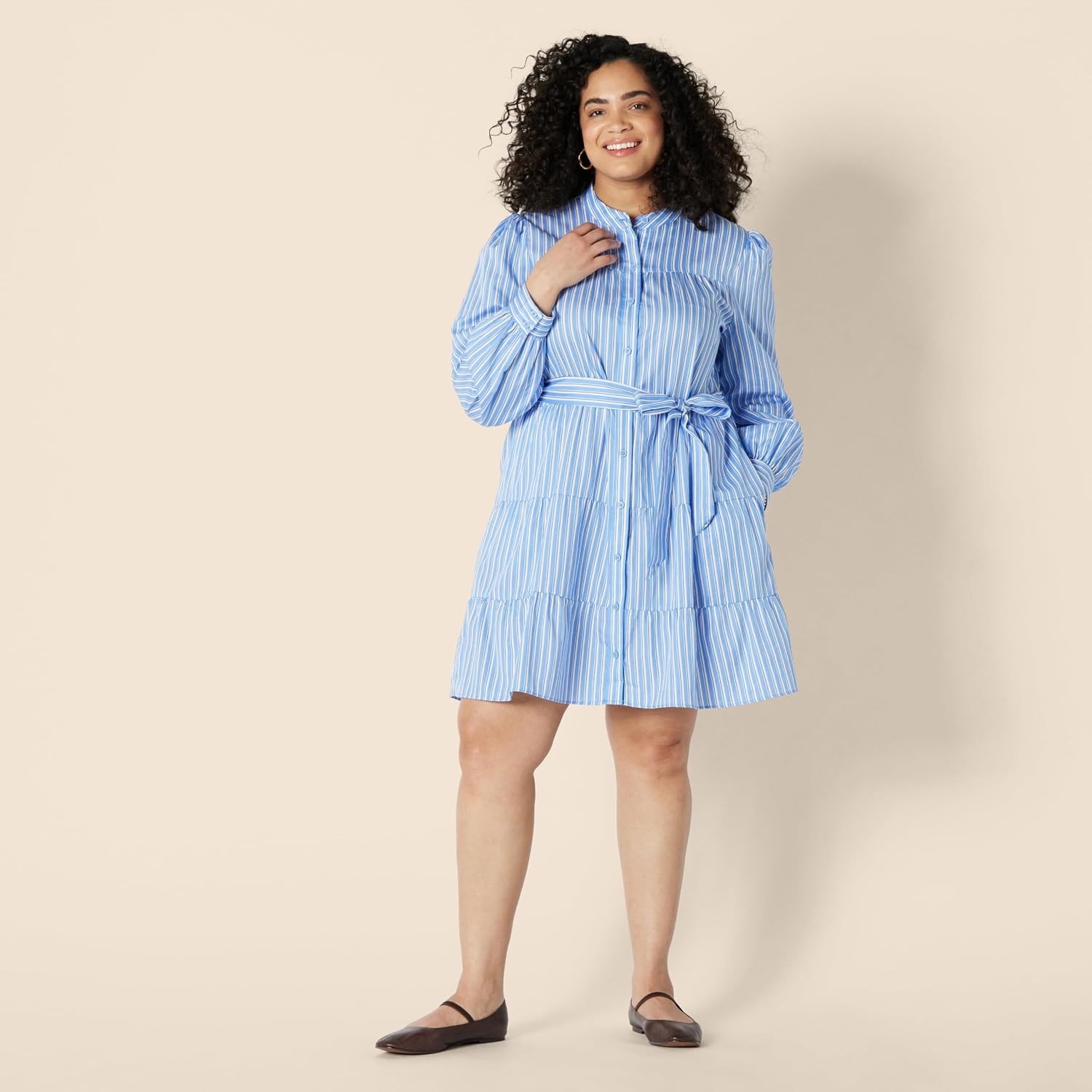 image:imageAmazon Essentials Womens RegularFit Cotton Sateen Tiered Shirt Dress with Puff Shoulder Sleeves Collar Band ButtonFrontBlue White Stripe