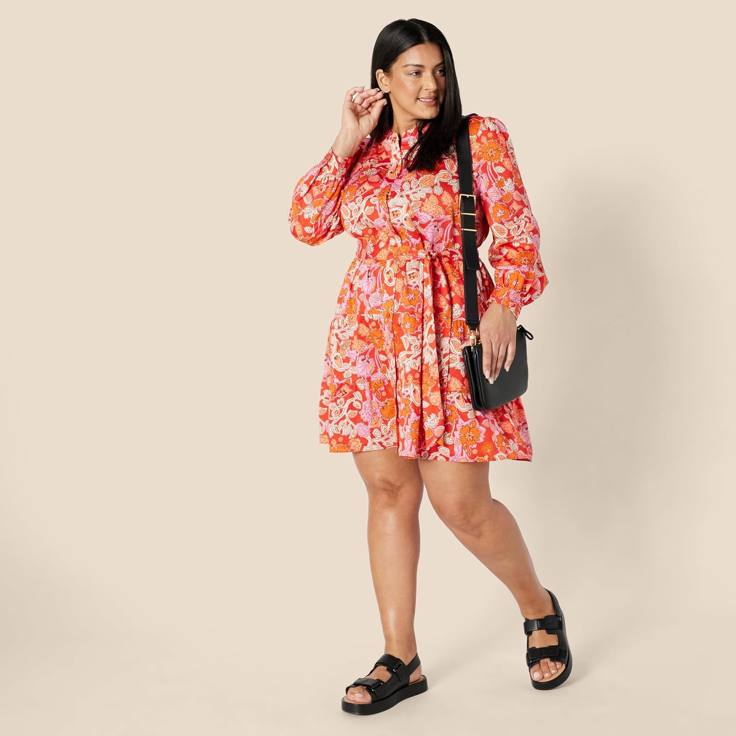 image:imageAmazon Essentials Womens RegularFit Cotton Sateen Tiered Shirt Dress with Puff Shoulder Sleeves Collar Band ButtonFrontBright Poppy Red Blush Folk Floral Multi