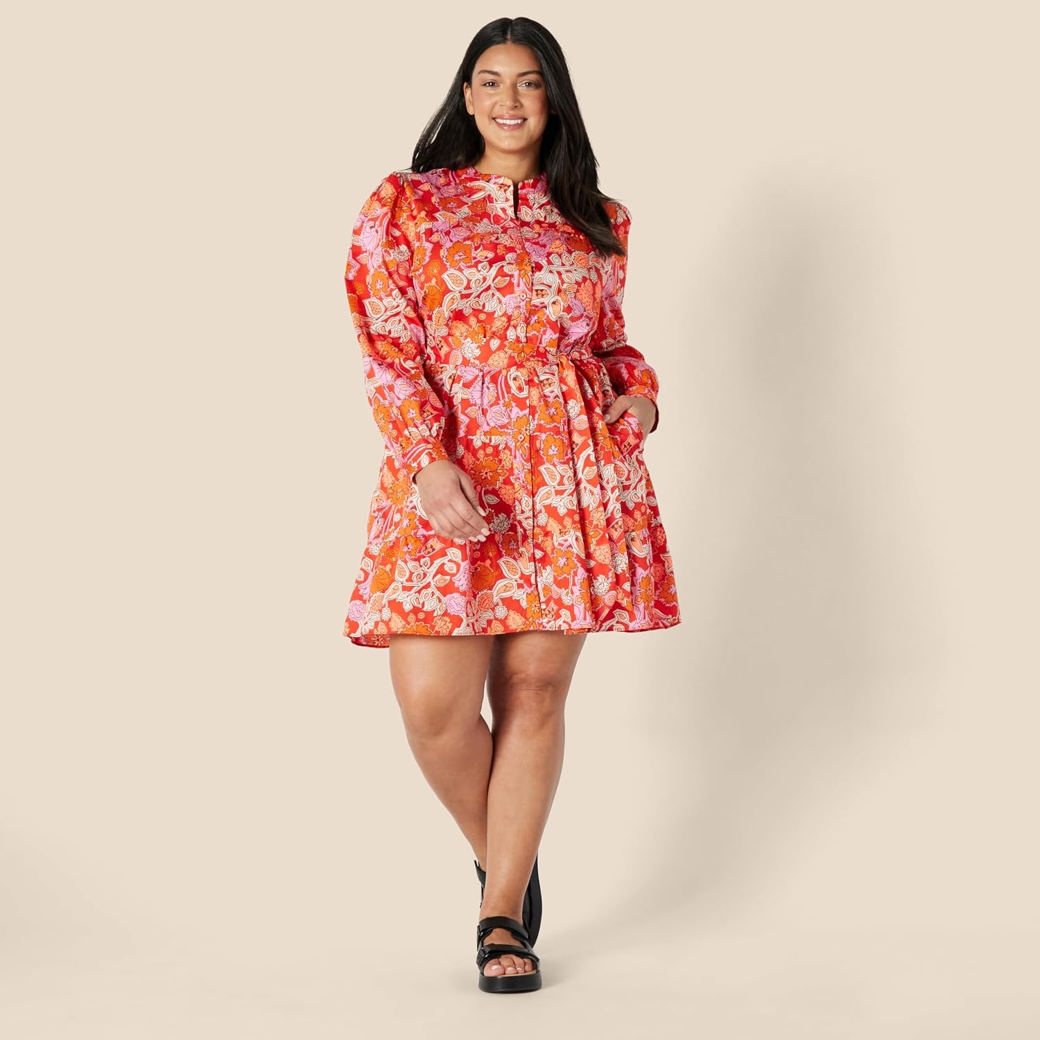 image:imageAmazon Essentials Womens RegularFit Cotton Sateen Tiered Shirt Dress with Puff Shoulder Sleeves Collar Band ButtonFrontBright Poppy Red Blush Folk Floral Multi
