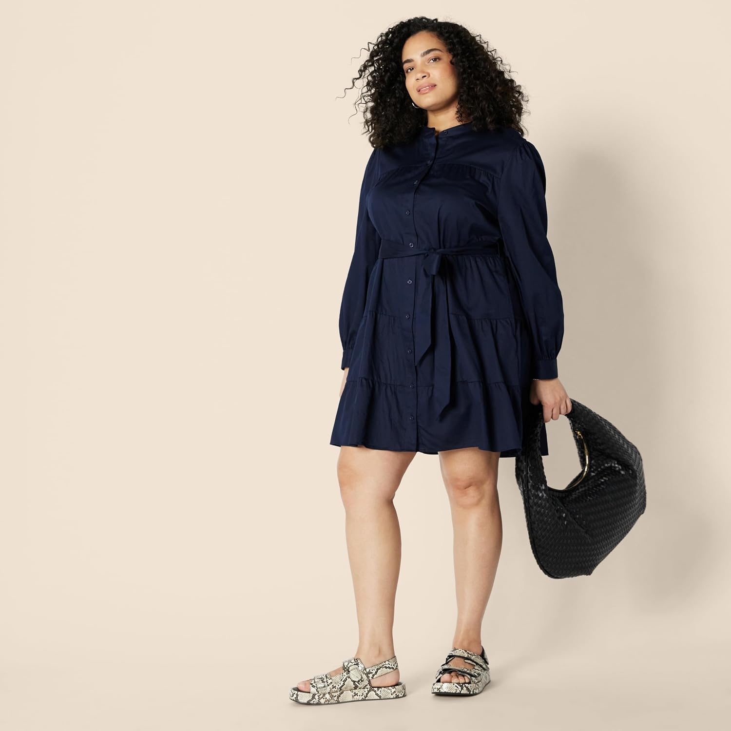 image:imageAmazon Essentials Womens RegularFit Cotton Sateen Tiered Shirt Dress with Puff Shoulder Sleeves Collar Band ButtonFrontNavy