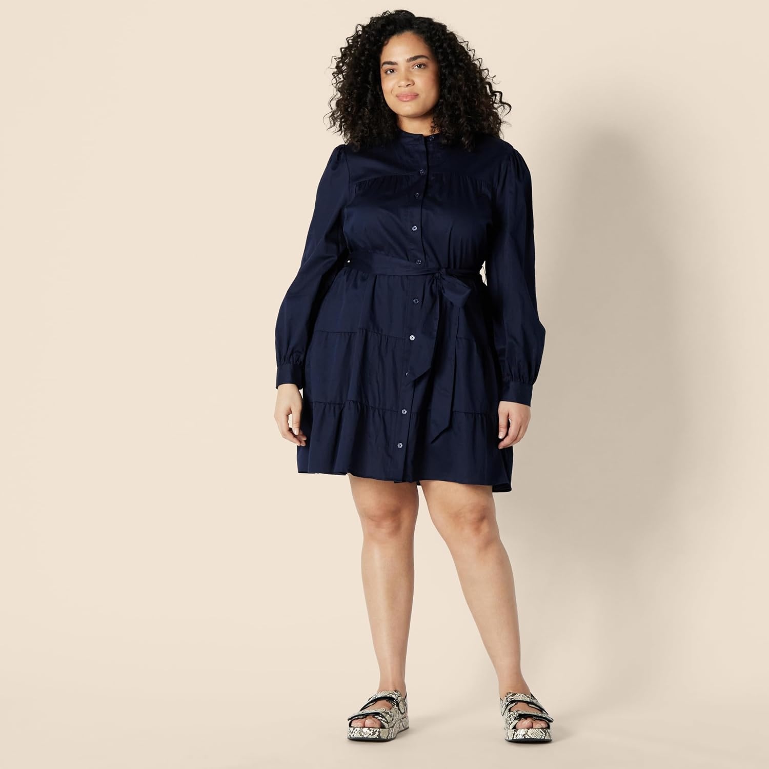 image:imageAmazon Essentials Womens RegularFit Cotton Sateen Tiered Shirt Dress with Puff Shoulder Sleeves Collar Band ButtonFrontNavy