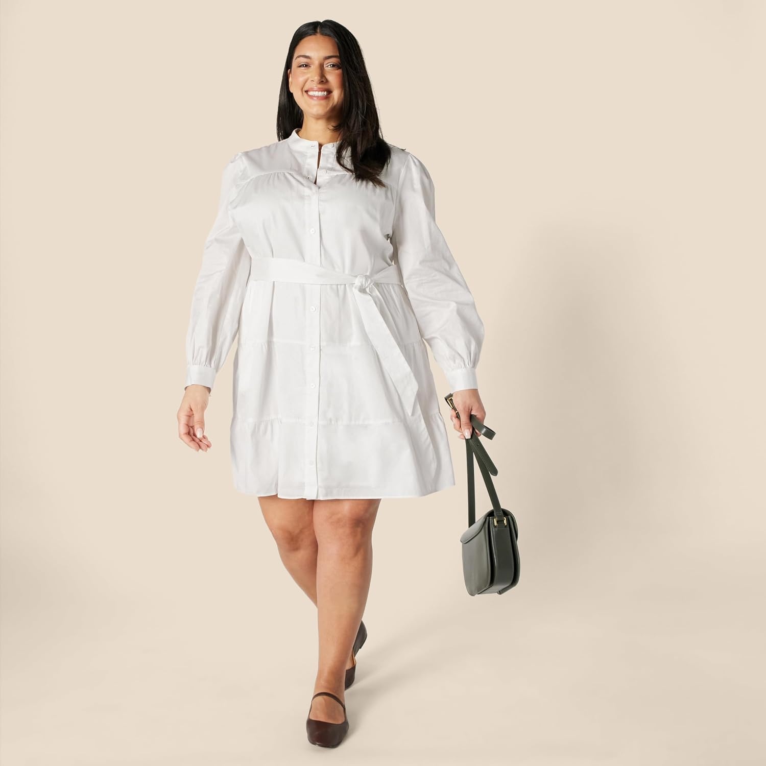 image:imageAmazon Essentials Womens RegularFit Cotton Sateen Tiered Shirt Dress with Puff Shoulder Sleeves Collar Band ButtonFrontWhite