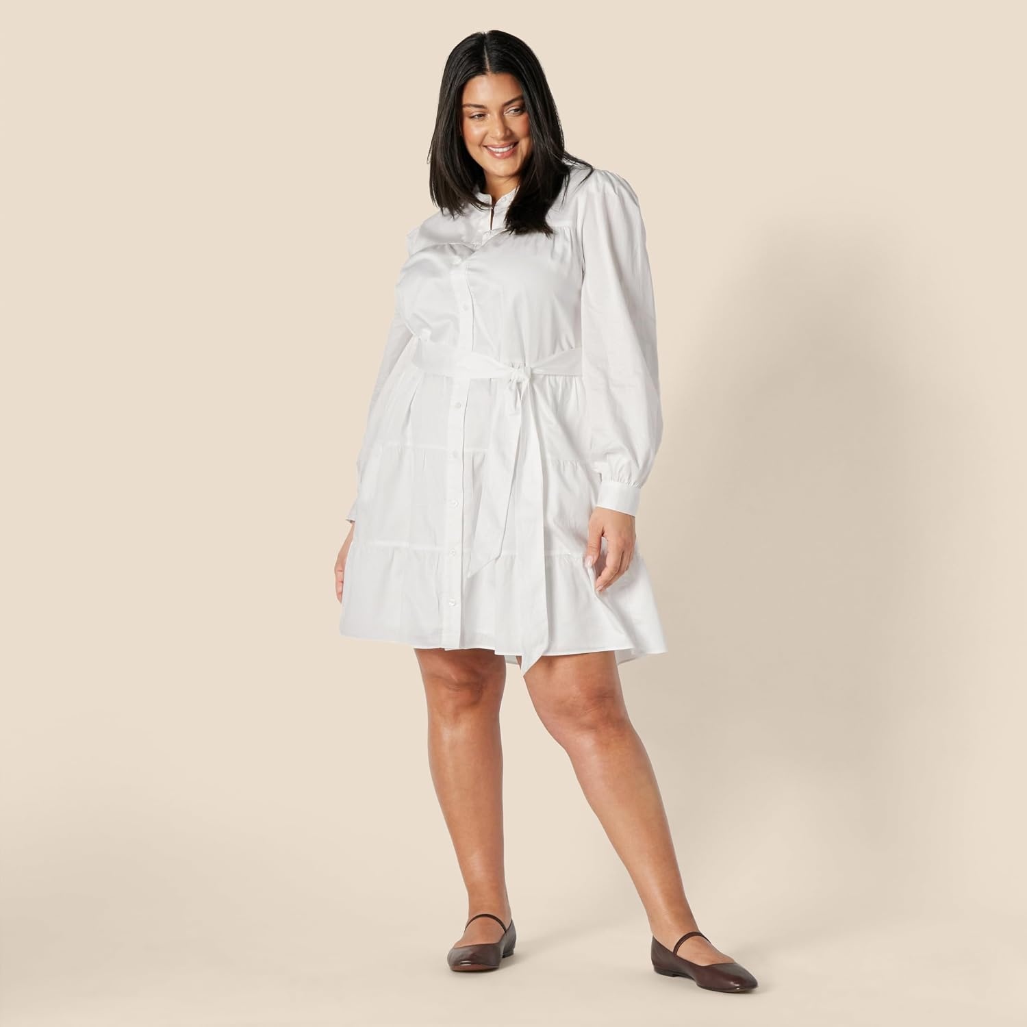 image:imageAmazon Essentials Womens RegularFit Cotton Sateen Tiered Shirt Dress with Puff Shoulder Sleeves Collar Band ButtonFrontWhite