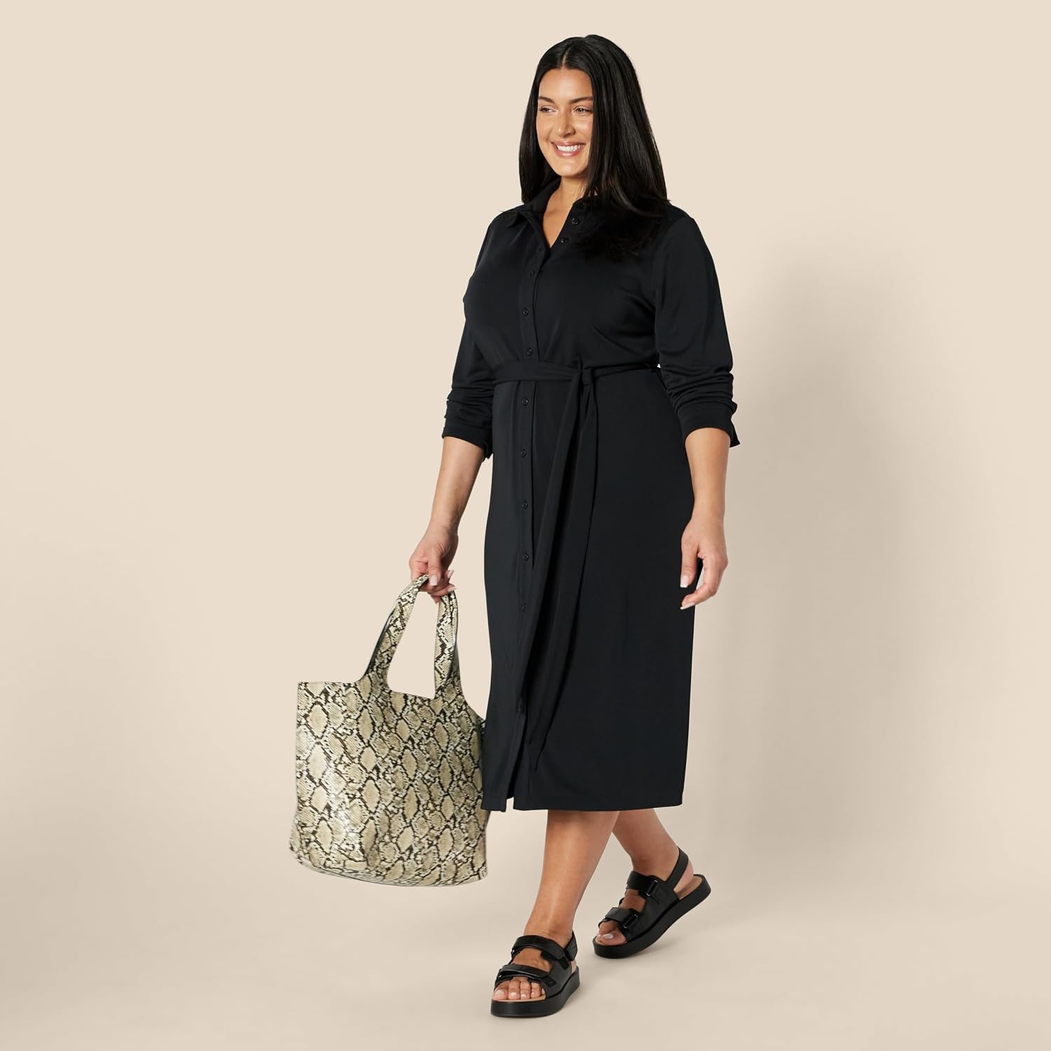 image:imageAmazon Essentials Womens RegularFit Matte Jersey Midi Length Dress with Classic Collar Button Front Removable BeltBlack