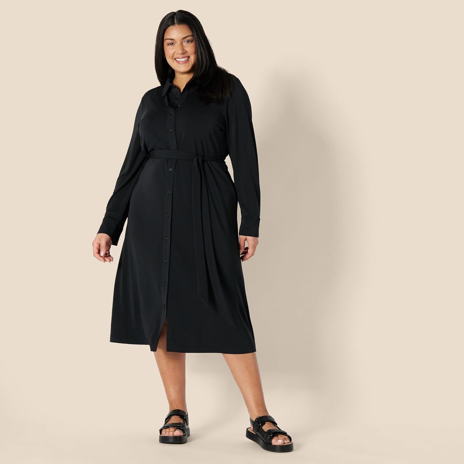 image:imageAmazon Essentials Womens RegularFit Matte Jersey Midi Length Dress with Classic Collar Button Front Removable BeltBlack