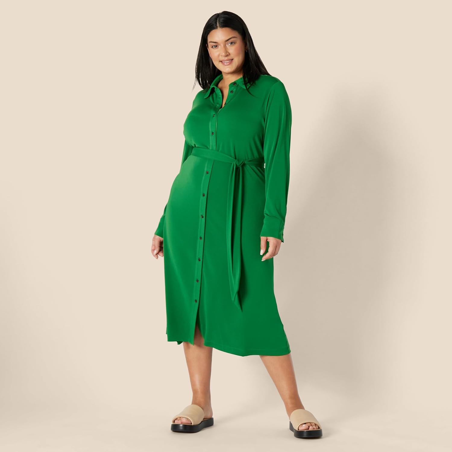 image:imageAmazon Essentials Womens RegularFit Matte Jersey Midi Length Dress with Classic Collar Button Front Removable BeltEmerald Green