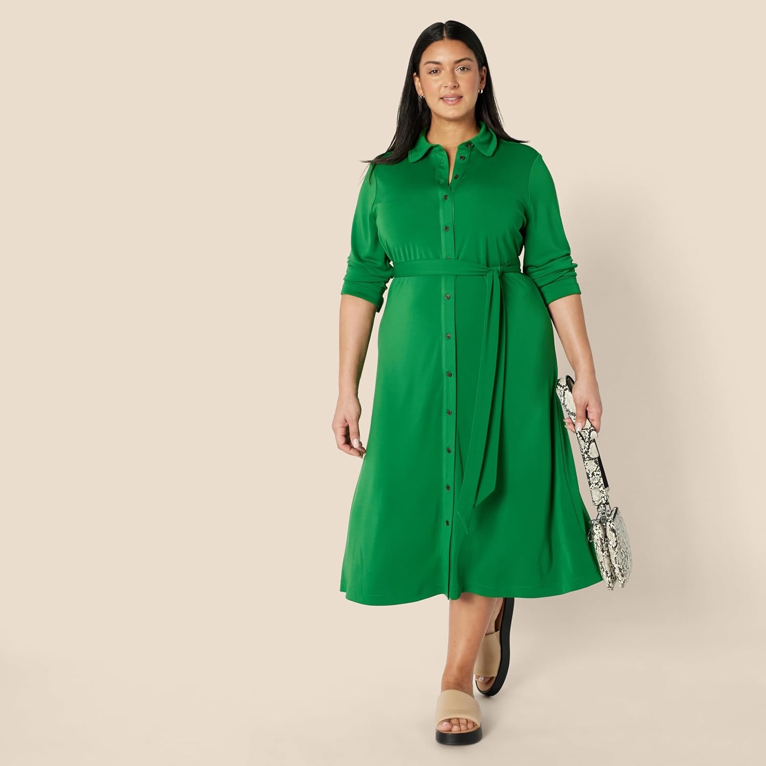 image:imageAmazon Essentials Womens RegularFit Matte Jersey Midi Length Dress with Classic Collar Button Front Removable BeltEmerald Green