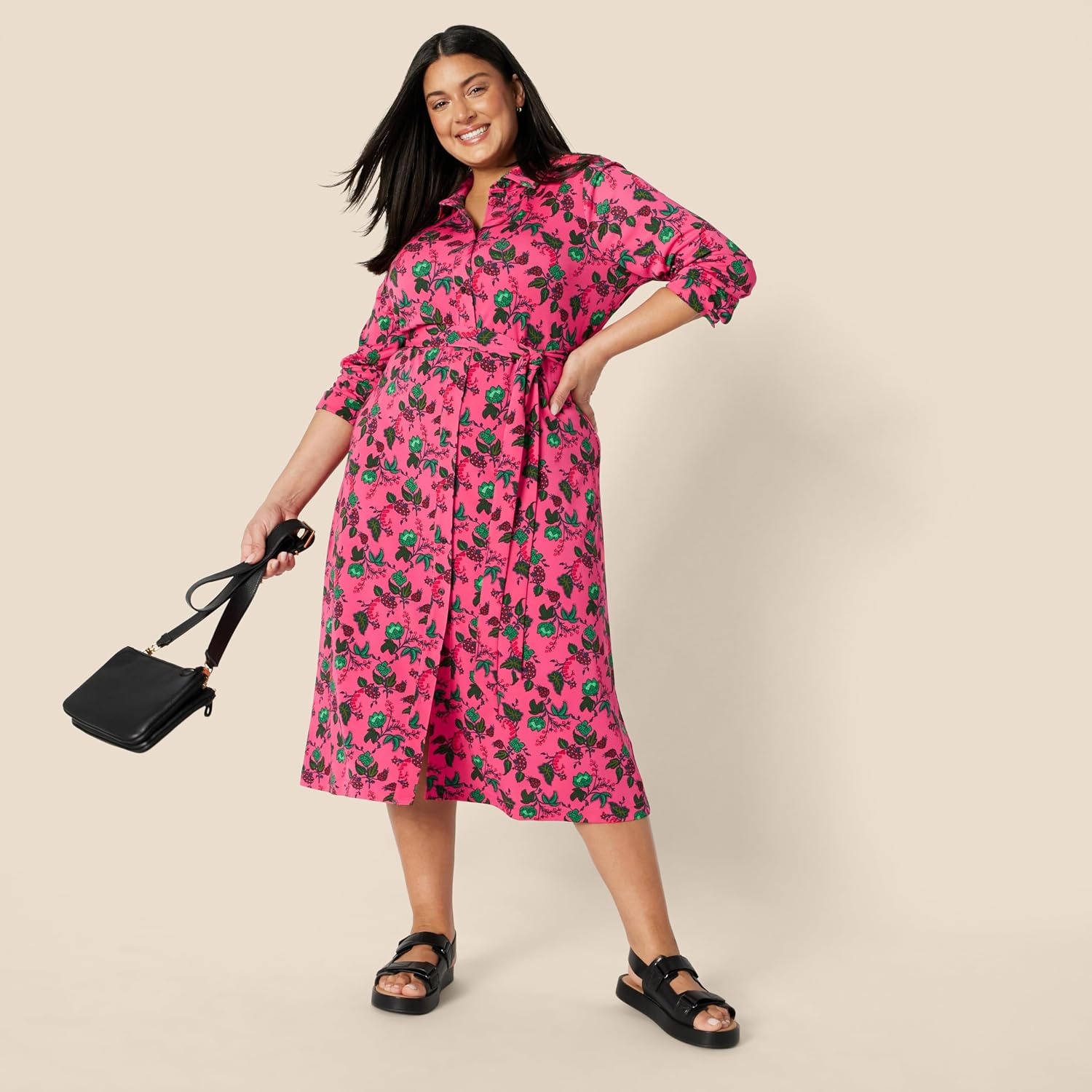 image:imageAmazon Essentials Womens RegularFit Matte Jersey Midi Length Dress with Classic Collar Button Front Removable BeltHot Pink Leafy Floral Ditsy