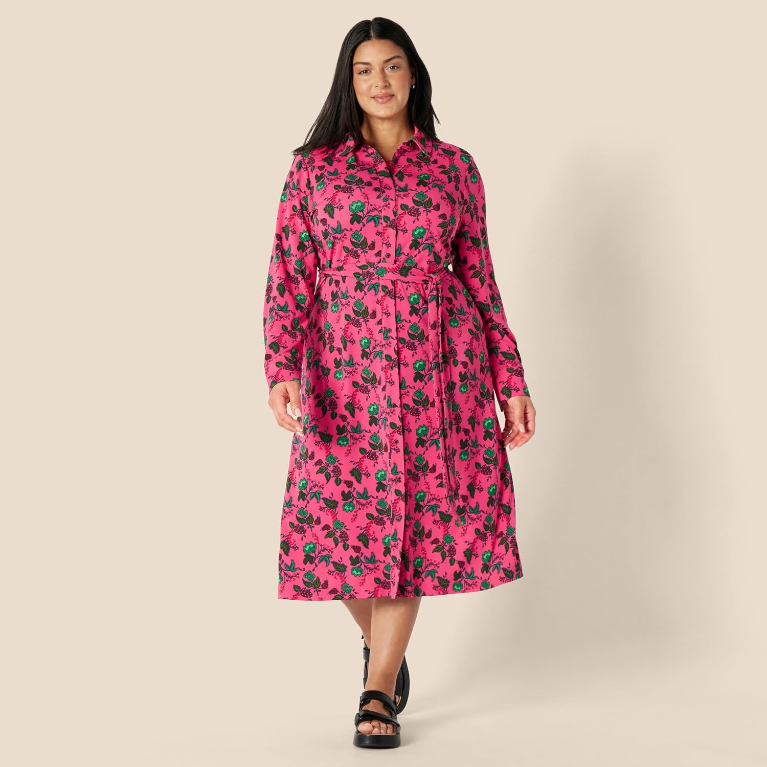 image:imageAmazon Essentials Womens RegularFit Matte Jersey Midi Length Dress with Classic Collar Button Front Removable BeltHot Pink Leafy Floral Ditsy