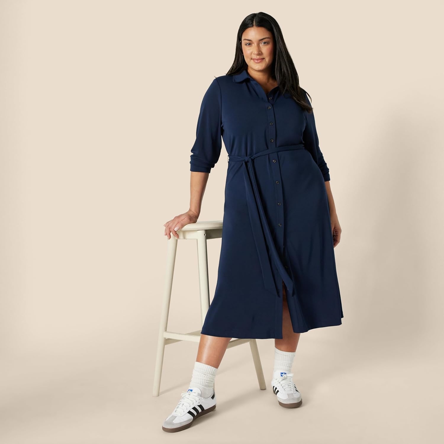 image:imageAmazon Essentials Womens RegularFit Matte Jersey Midi Length Dress with Classic Collar Button Front Removable BeltNavy