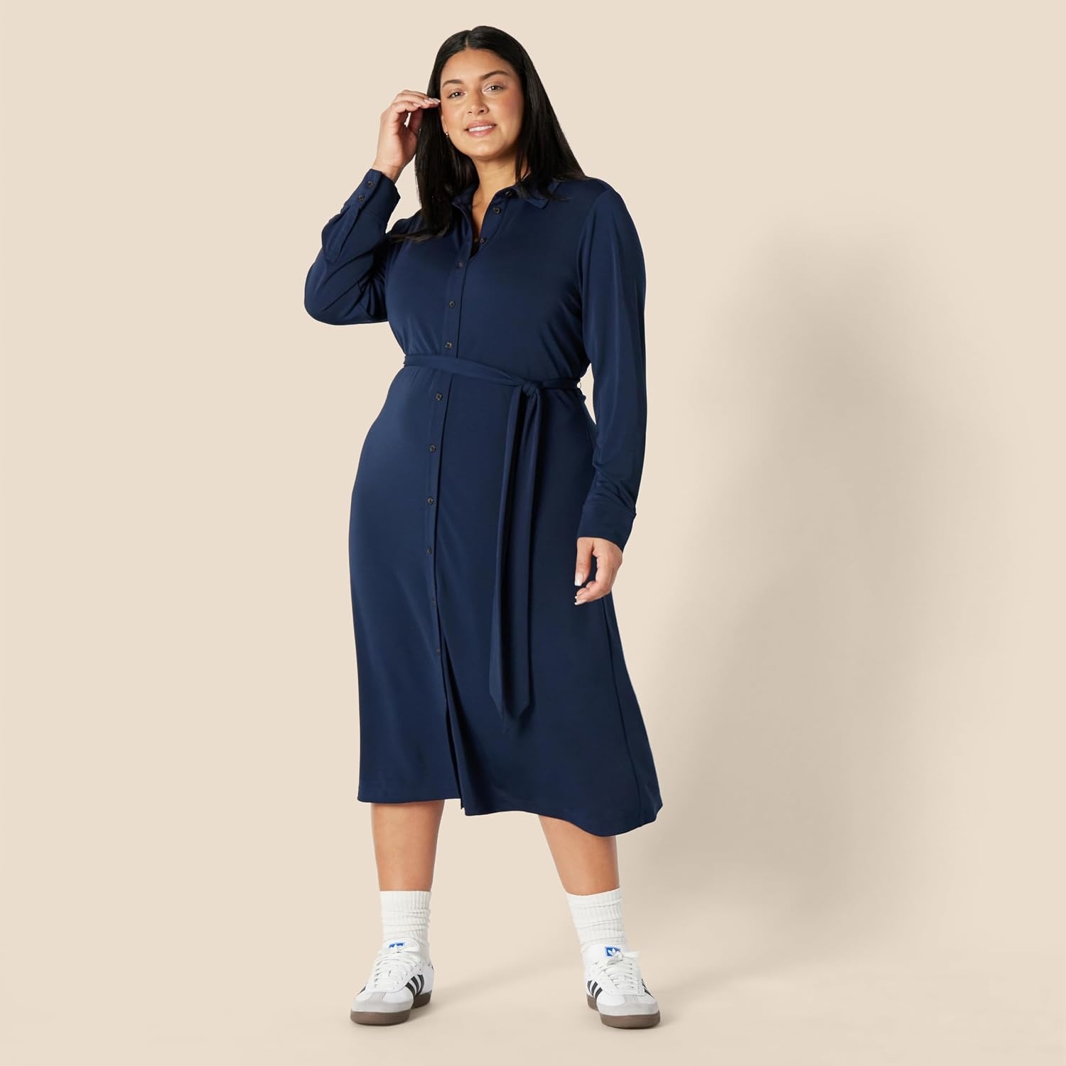 image:imageAmazon Essentials Womens RegularFit Matte Jersey Midi Length Dress with Classic Collar Button Front Removable BeltNavy