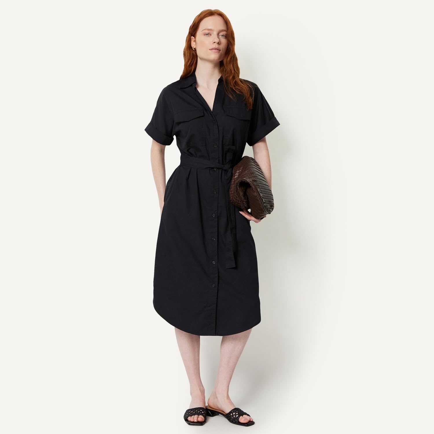 image:imageAmazon Essentials Womens RelaxedFit Short Sleeve ButtonDown Dress with BeltBlack