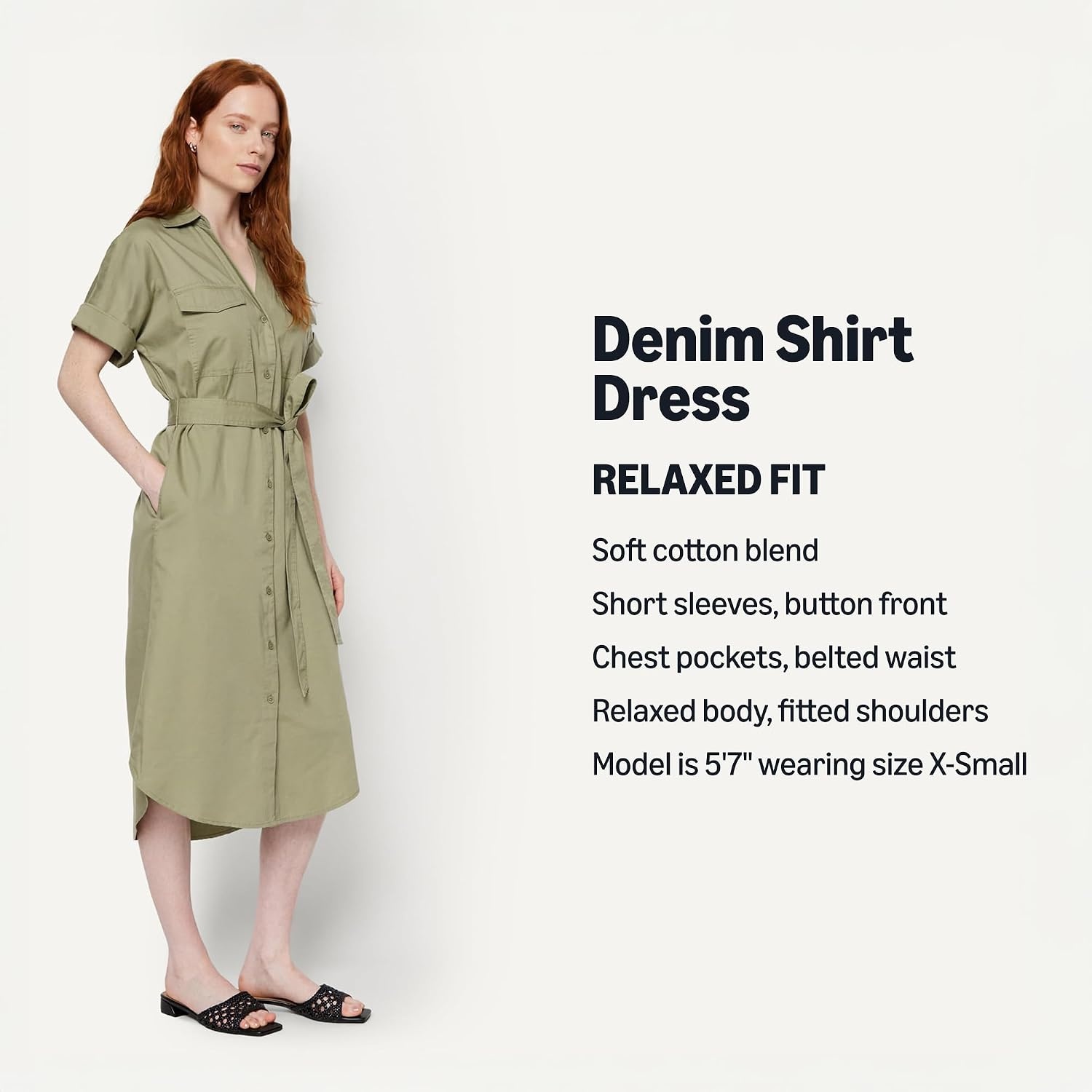 image:imageAmazon Essentials Womens RelaxedFit Short Sleeve ButtonDown Dress with BeltWashed Khaki Green