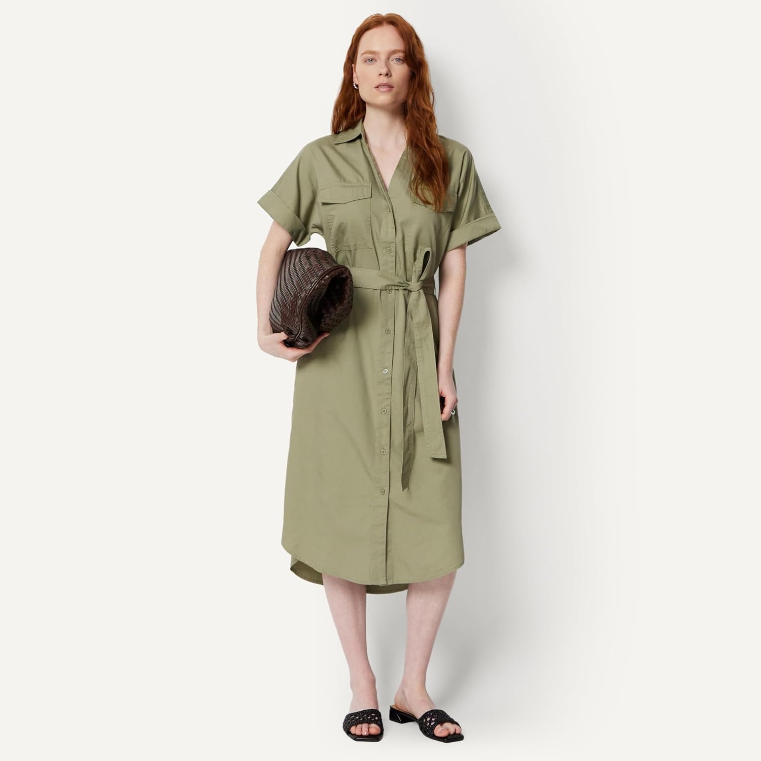 image:imageAmazon Essentials Womens RelaxedFit Short Sleeve ButtonDown Dress with BeltWashed Khaki Green