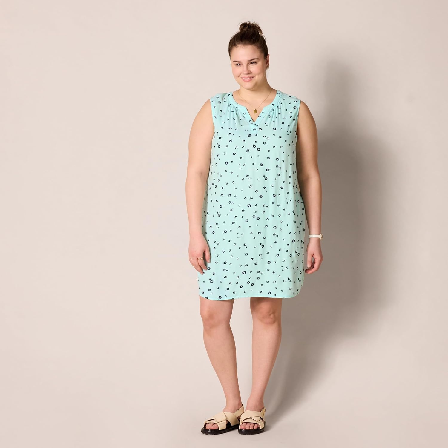 image:imageAmazon Essentials Womens Sleeveless Woven Aline V Neck Shift DressAqua Blue Poppy