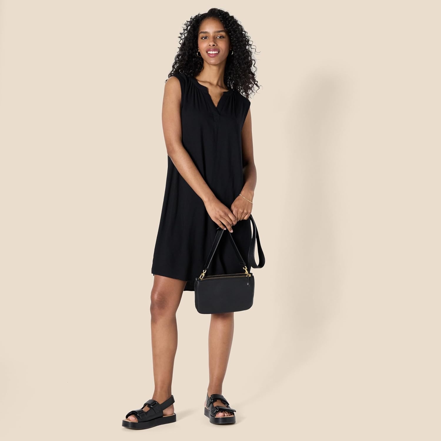 image:imageAmazon Essentials Womens Sleeveless Woven Aline V Neck Shift DressBlack