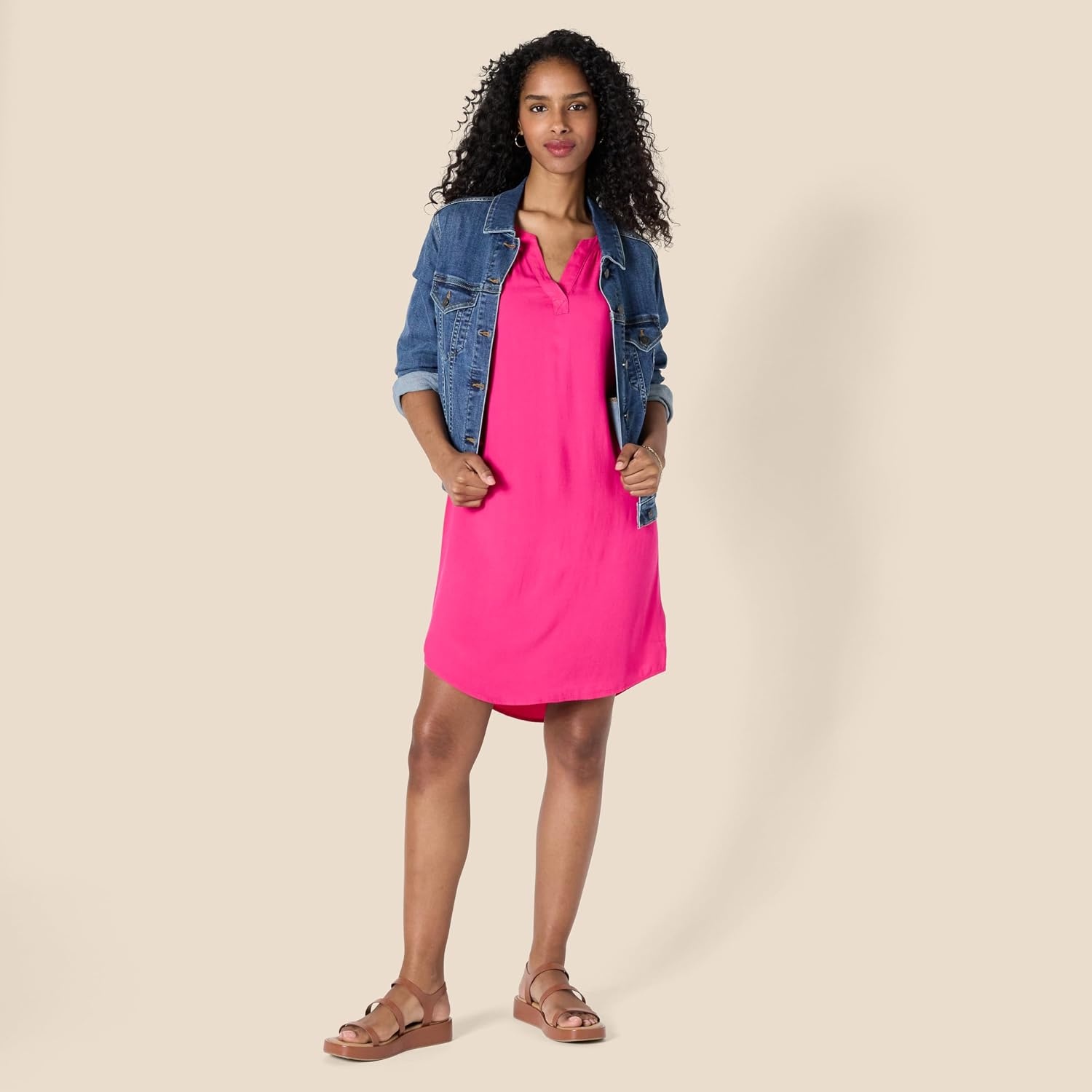 image:imageAmazon Essentials Womens Sleeveless Woven Aline V Neck Shift DressHot Pink