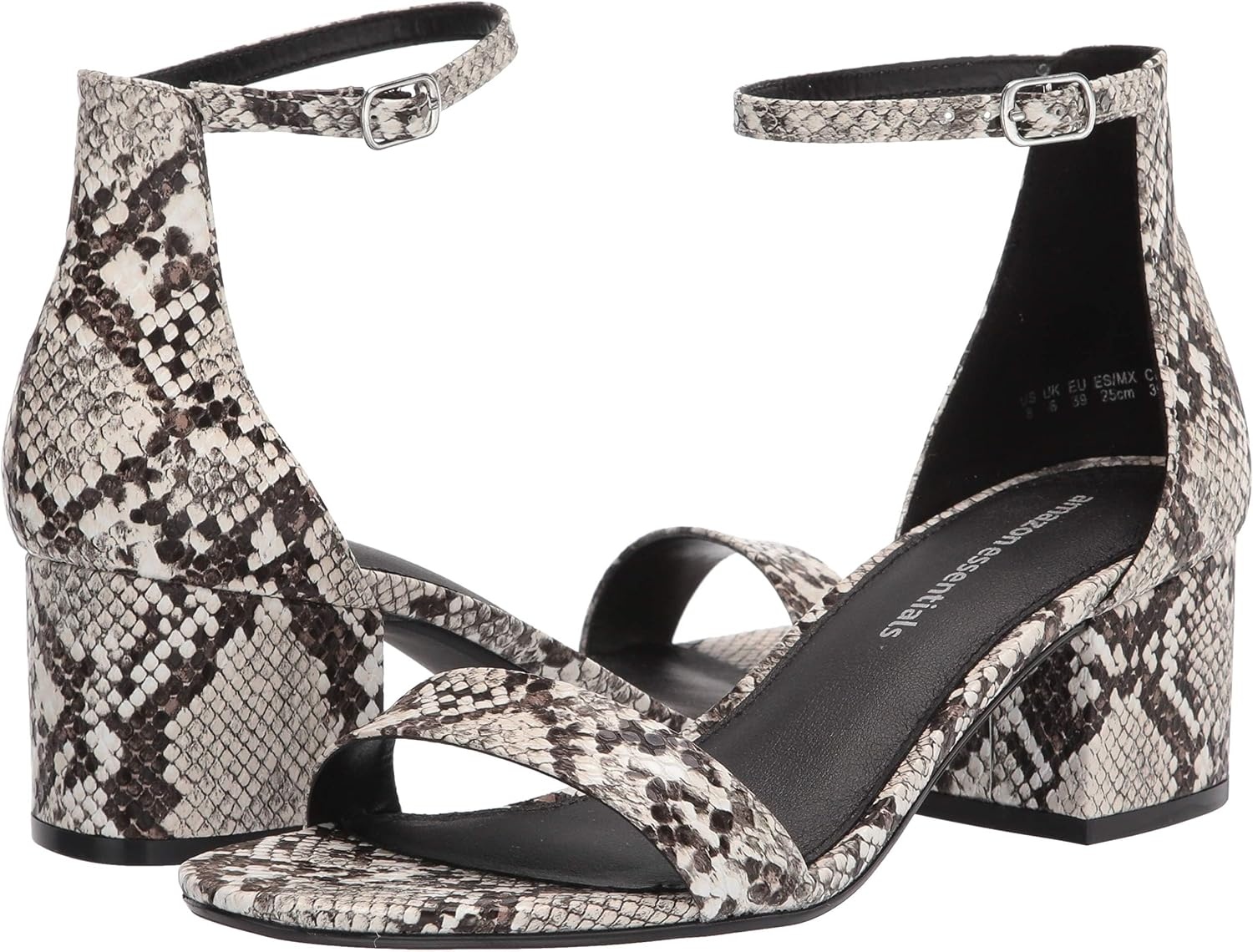 image:imageAmazon Essentials Womens Two Strap Heeled Sandals with Adjustable Ankle Strap Padded Memory Foam InsoleBlack White Faux Snake Skin