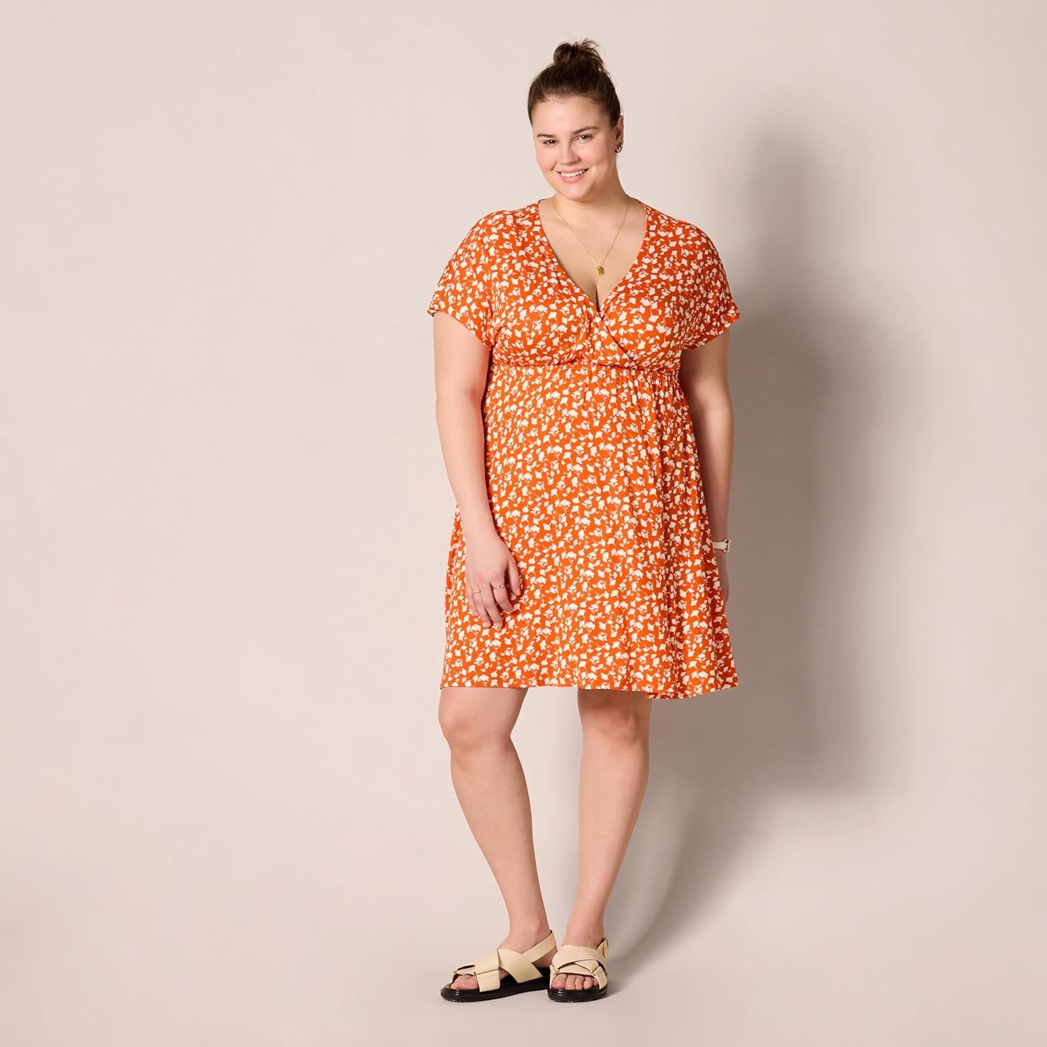 image:imageAmazon Essentials Womens V Neck Elastic Waist Surplice Dress Available in Plus SizeRed Floral Print