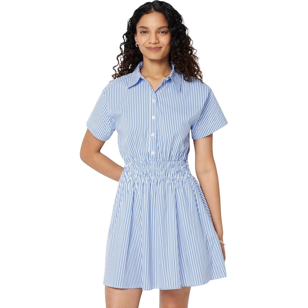 image:imageAmazon Essentials Womens Fit amp Flare Cotton Poplin Collared Short Sleeve Dress with Elastic WaistBlue Even Stripe