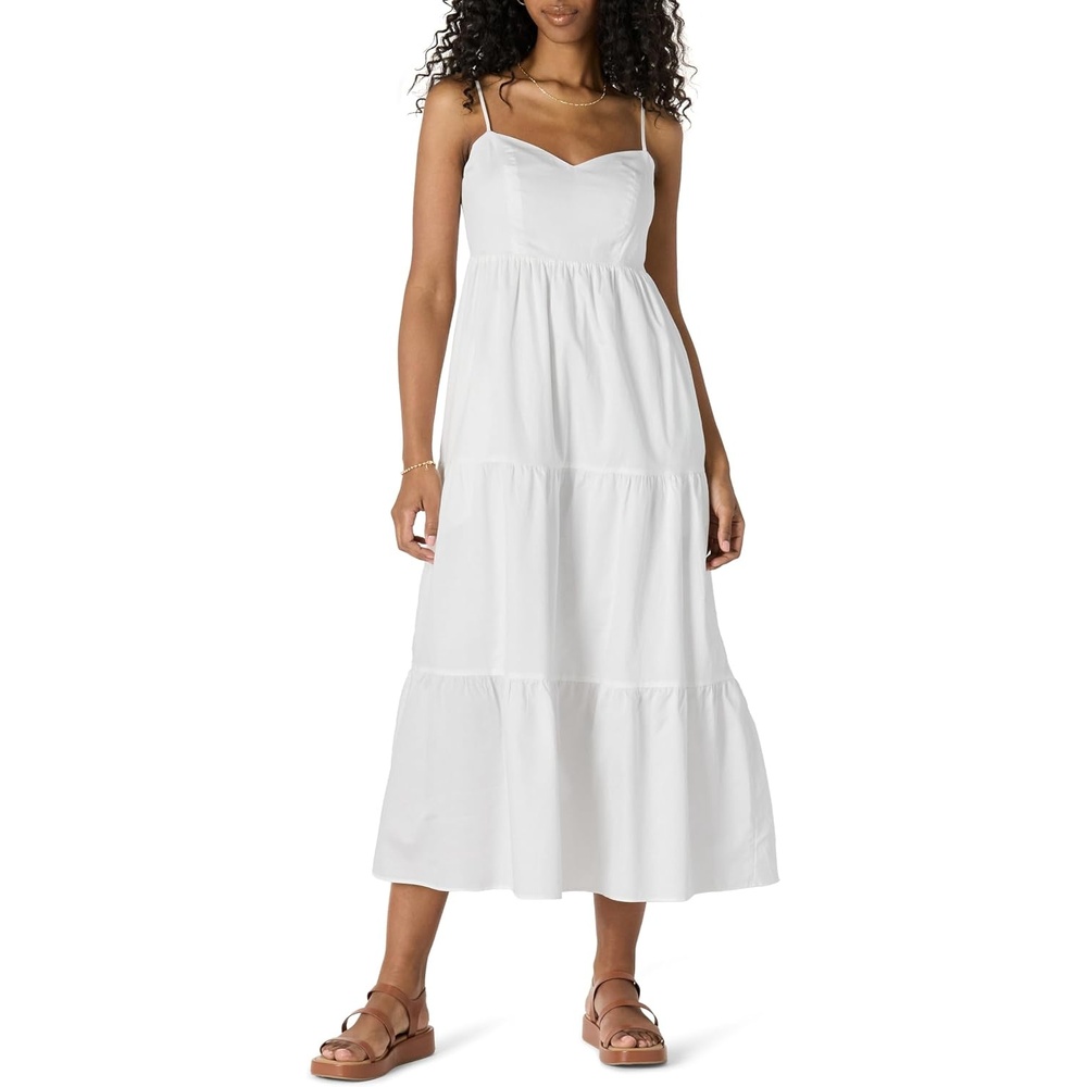image:imageAmazon Essentials Womens Fit and Flare Empire Waist Sweetheart Neck Cotton Sateen Tiered Maxi DressWhite