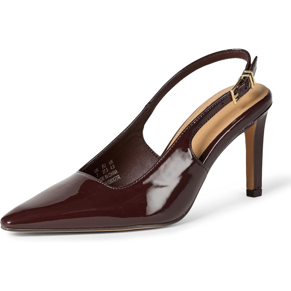 image:imageAmazon Essentials Womens Pointed Toe Slingback Heels with Ankle StrapBrown Patent