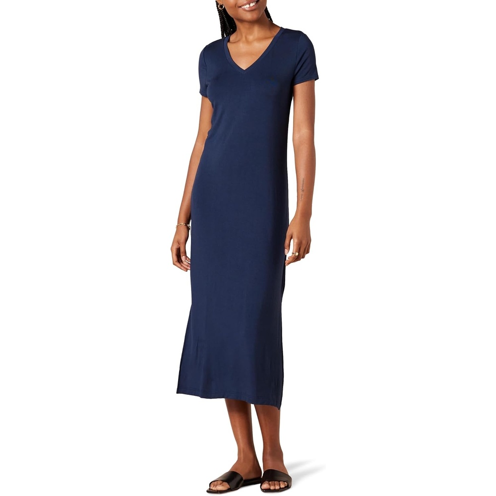 image:imageAmazon Essentials Womens Regular Fit VNeck Short Sleeve Midi Length TShirt Dress Soft Viscose Stretch Jersey Side SlitsNavy