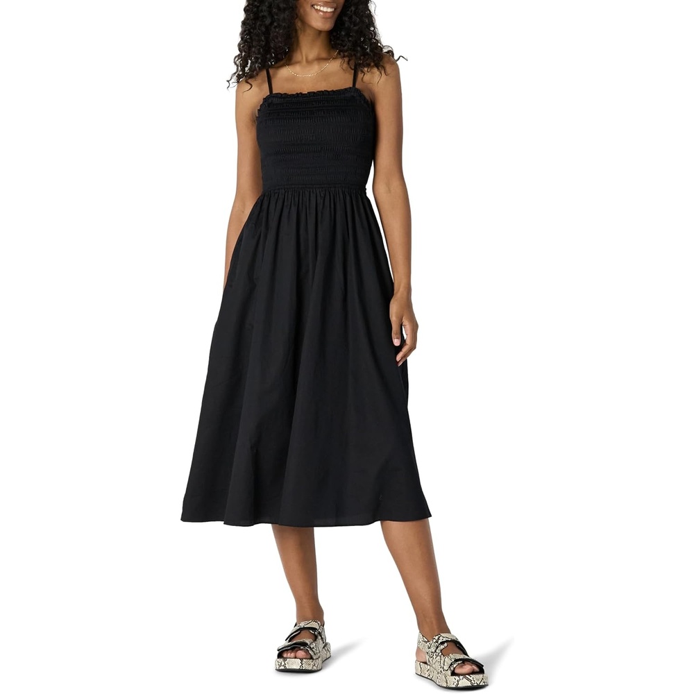 image:imageAmazon Essentials Womens RegularFit Cotton Sateen Smocked Bodice Midi Dress with Removable Straps Aline RuffleBlack