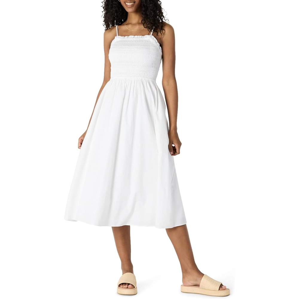 image:imageAmazon Essentials Womens RegularFit Cotton Sateen Smocked Bodice Midi Dress with Removable Straps Aline RuffleWhite