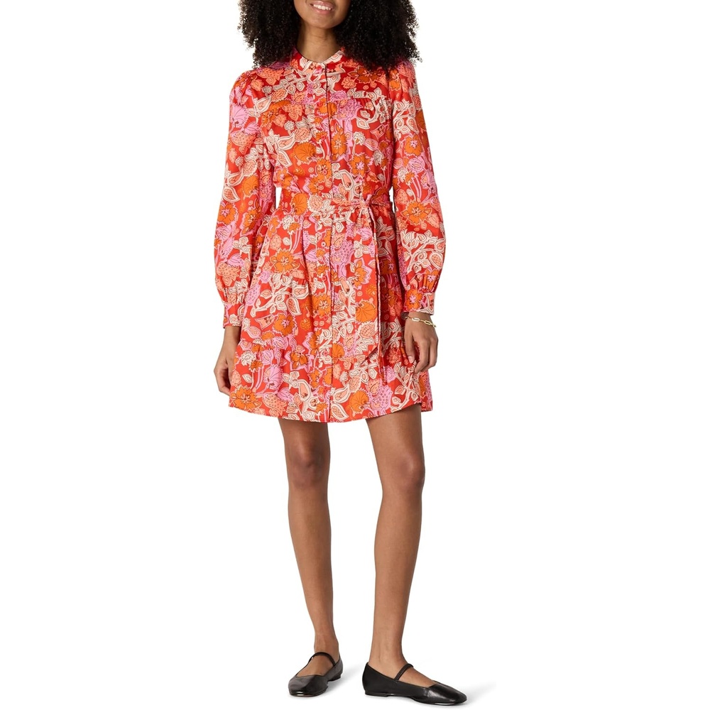 image:imageAmazon Essentials Womens RegularFit Cotton Sateen Tiered Shirt Dress with Puff Shoulder Sleeves Collar Band ButtonFrontBright Poppy Red Blush Folk Floral Multi