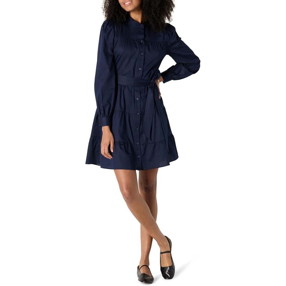 image:imageAmazon Essentials Womens RegularFit Cotton Sateen Tiered Shirt Dress with Puff Shoulder Sleeves Collar Band ButtonFrontNavy