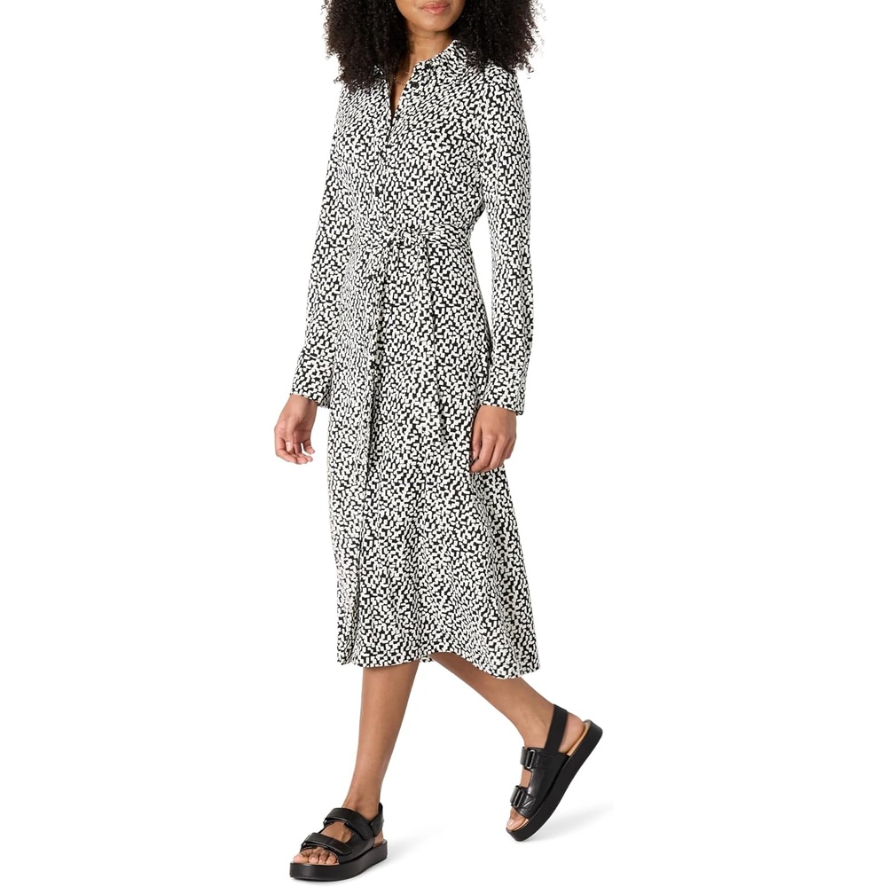 image:imageAmazon Essentials Womens RegularFit Matte Jersey Midi Length Dress with Classic Collar Button Front Removable BeltBlack Ivory Geometric