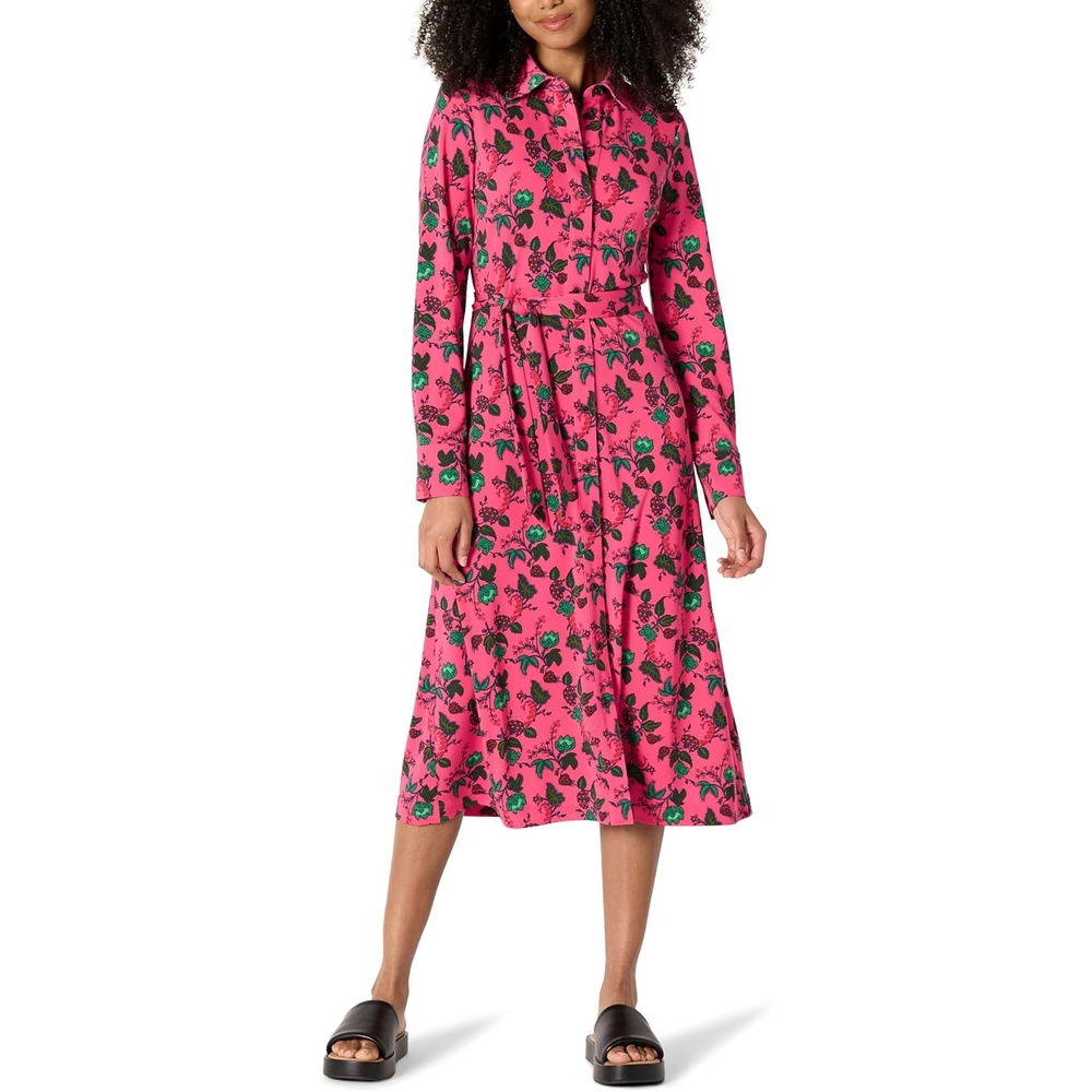 image:imageAmazon Essentials Womens RegularFit Matte Jersey Midi Length Dress with Classic Collar Button Front Removable BeltHot Pink Leafy Floral Ditsy