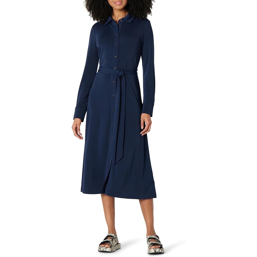 image:imageAmazon Essentials Womens RegularFit Matte Jersey Midi Length Dress with Classic Collar Button Front Removable BeltNavy