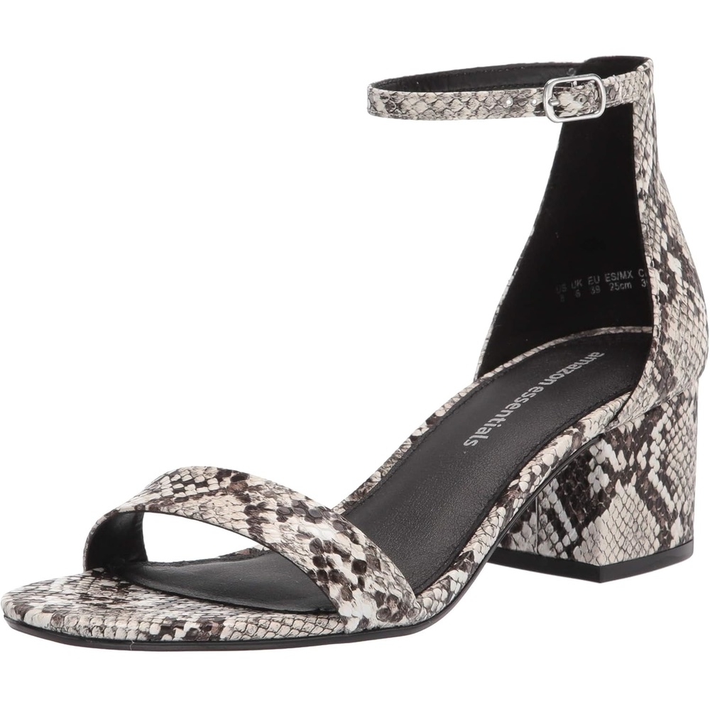 image:imageAmazon Essentials Womens Two Strap Heeled Sandals with Adjustable Ankle Strap Padded Memory Foam InsoleBlack White Faux Snake Skin
