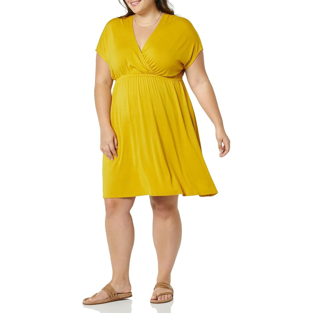 image:imageAmazon Essentials Womens V Neck Elastic Waist Surplice Dress Available in Plus SizeDark Golden Yellow