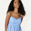 Amazon Essentials Women’s Fit and Flare Empire Waist Sweetheart Neck Cotton Sateen Tiered Maxi Dress(Blue White Stripe)