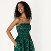 Amazon Essentials Women’s Regular-Fit Cotton Sateen Smocked Bodice Midi Dress with Removable Straps, A-line Ruffle(Dark Green Green Birds)